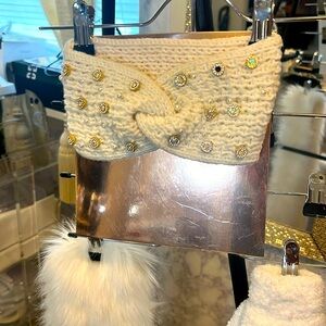 Ivory Knit Headband With Gold Iridescent Crystals And Pearls